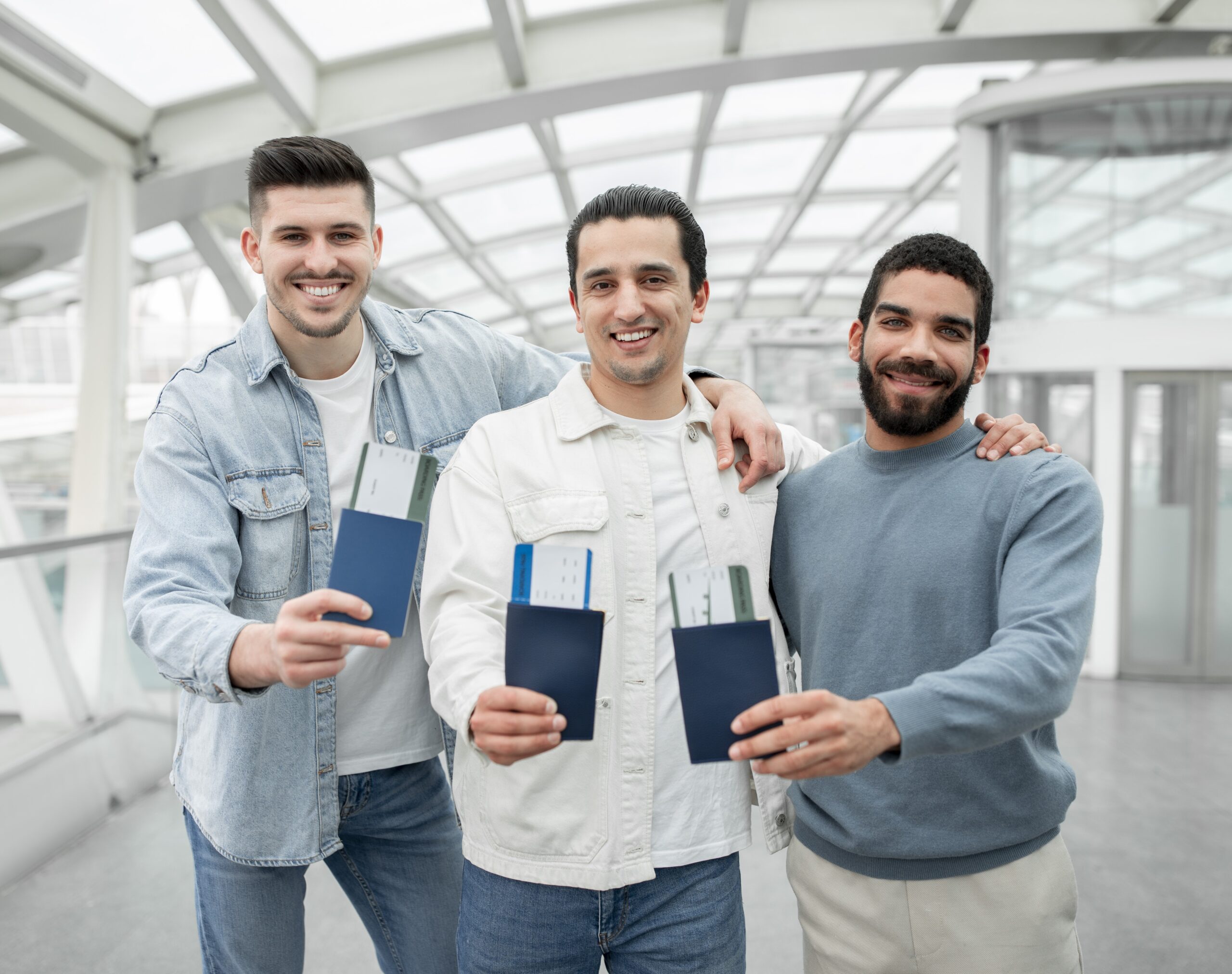 Three Tourists Men Showing Boarding Passes Hugging Standing In Airport Three Tourists Men Showing Boarding Passes Hugging Standing In Airport
