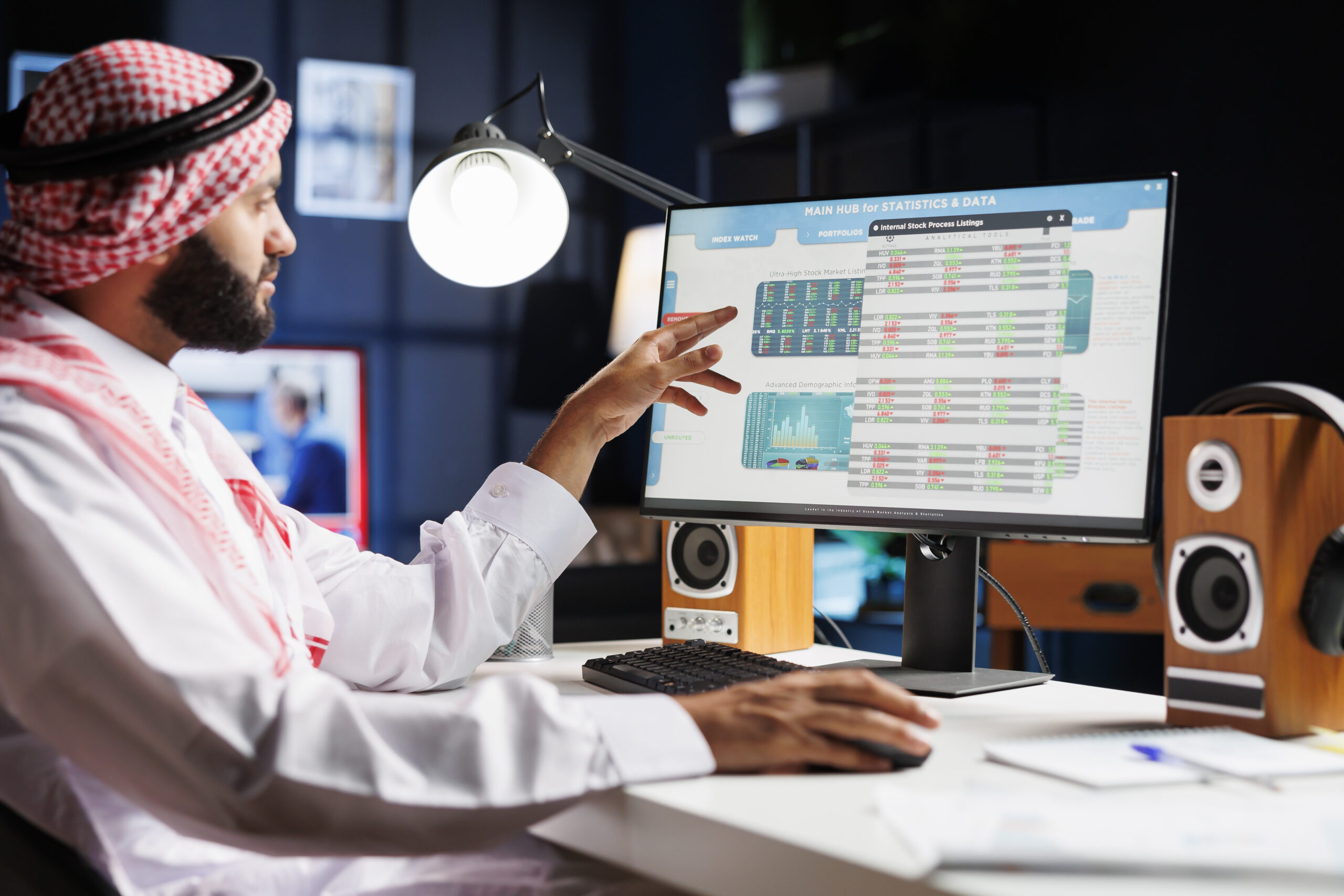 Muslim guy checking charts and data An Arab businessman diligently analyzing data on his computer, making important decisions for the company. Muslim guy wearing traditional attire is checking charts and data on his desktop pc.