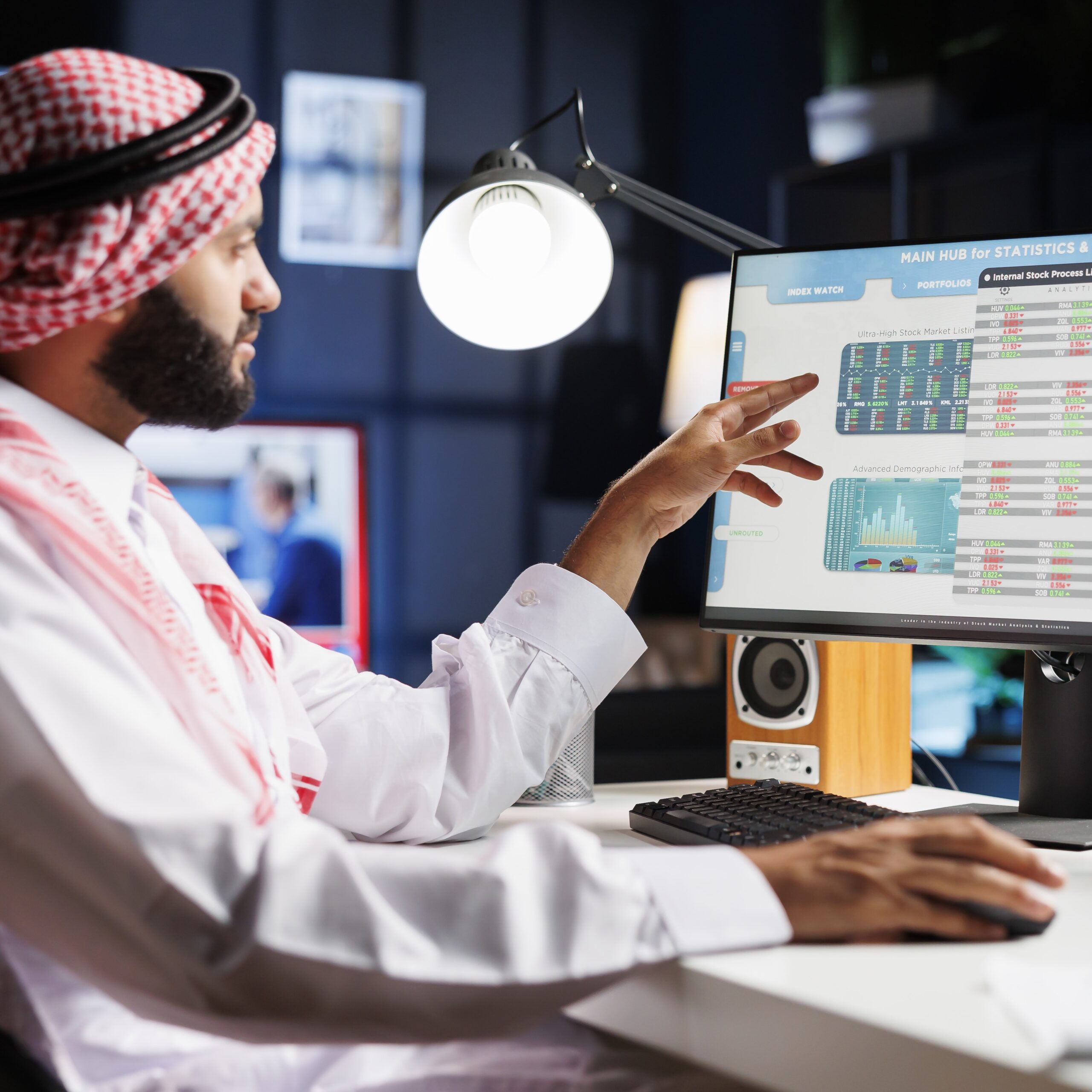 Muslim guy checking charts and data